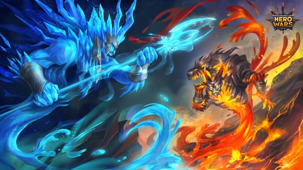 Hero Wars Titan Calculators showing elemental titans in battle formation with artifact equipment and upgrade options